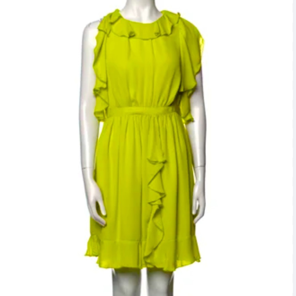 Prabal Gurung lime green dress rushed fit & flare chiffon tulle fitted zip